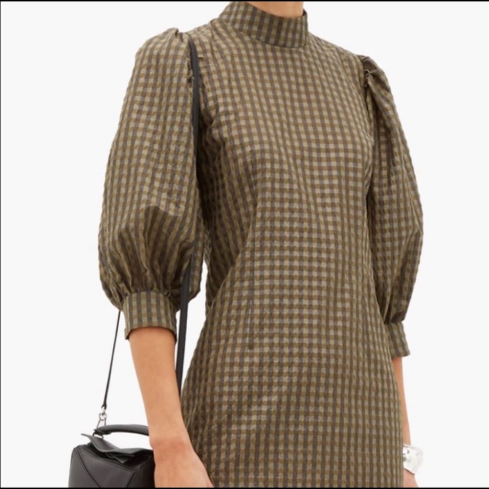 GANNI Puff Sleeve gingham seersucker mini dress